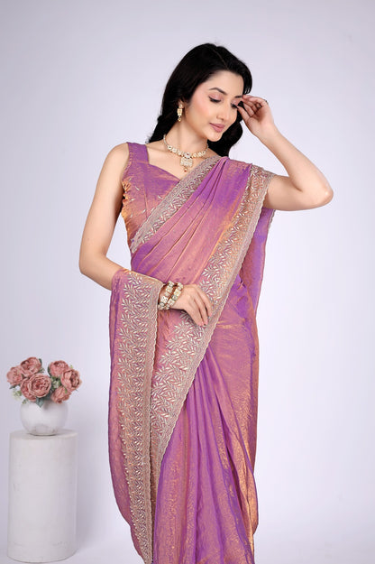Lavender Pink Shimmer Saree with Intricate Silver Embroidered Border | Party Wear Designer Saree