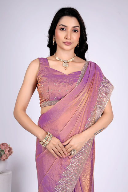Lavender Pink Shimmer Saree with Intricate Silver Embroidered Border | Party Wear Designer Saree