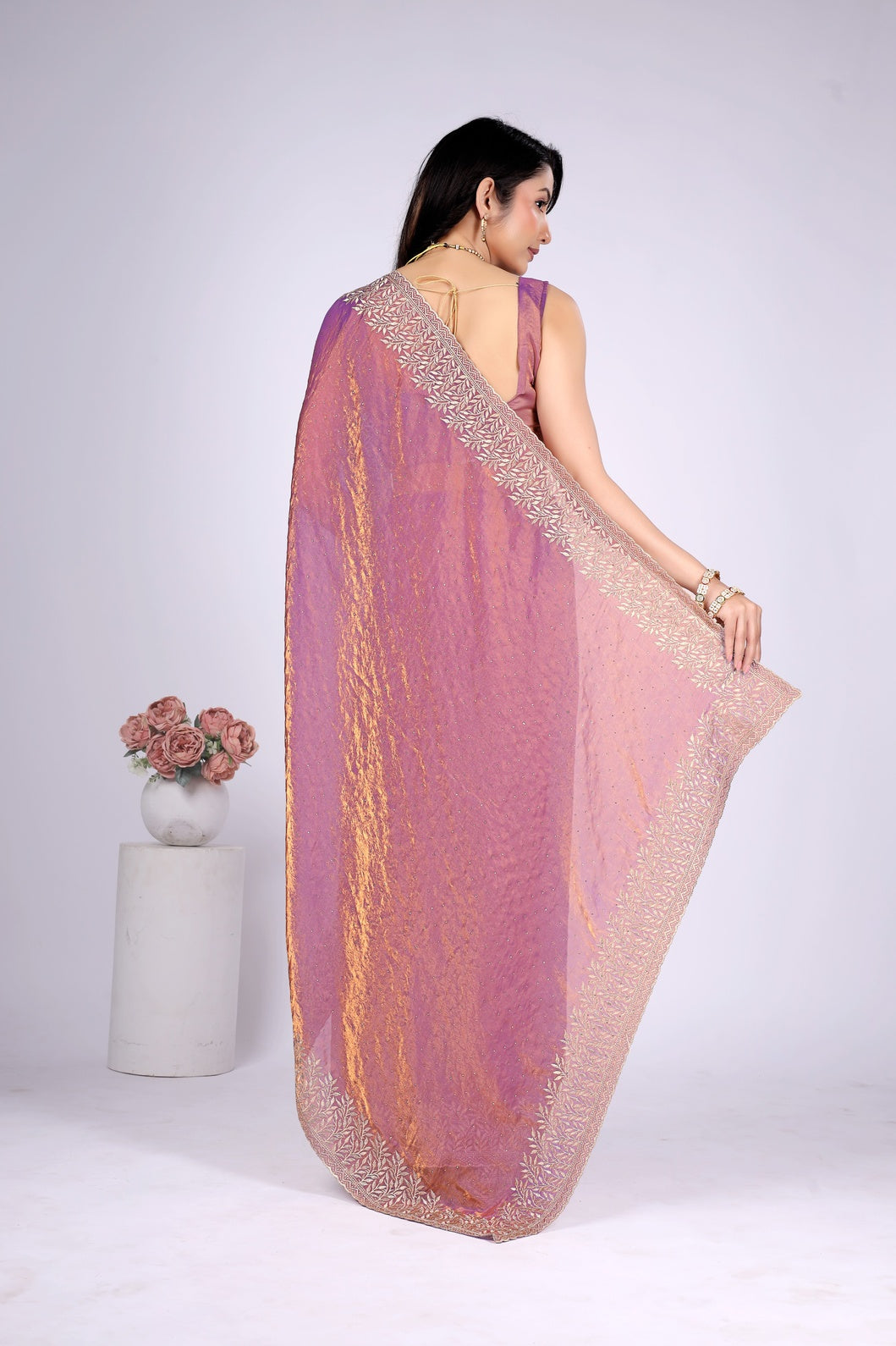 Lavender Pink Shimmer Saree with Intricate Silver Embroidered Border | Party Wear Designer Saree