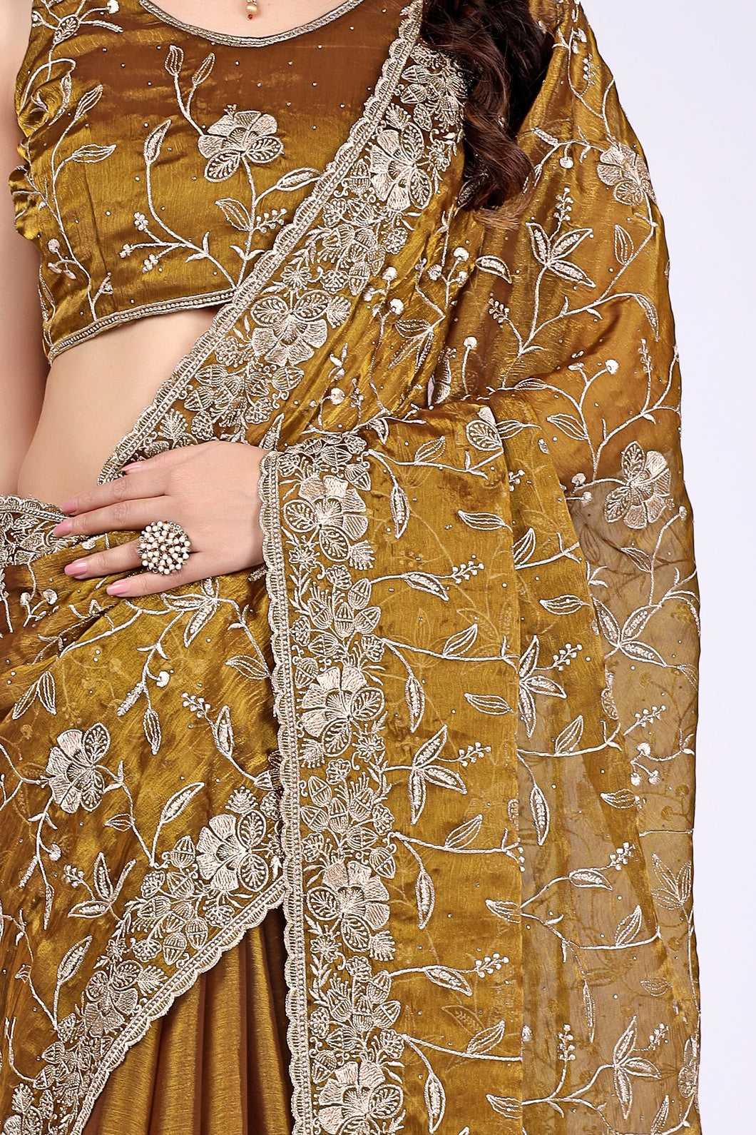 Women's Mustard Brown Floral Embroidered Designer Saree with Heavy Lace Border & Matching Blouse Piece