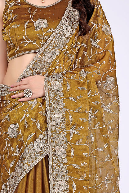 Women's Mustard Brown Floral Embroidered Designer Saree with Heavy Lace Border & Matching Blouse Piece