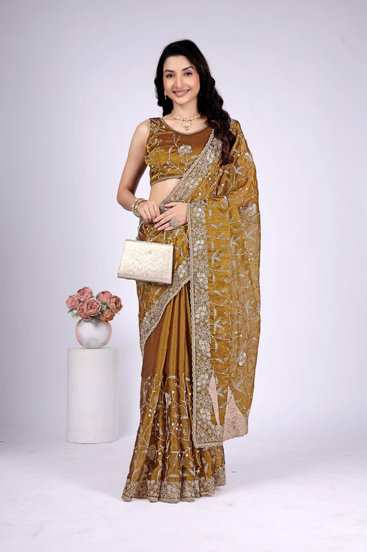 Women's Mustard Brown Floral Embroidered Designer Saree with Heavy Lace Border & Matching Blouse Piece