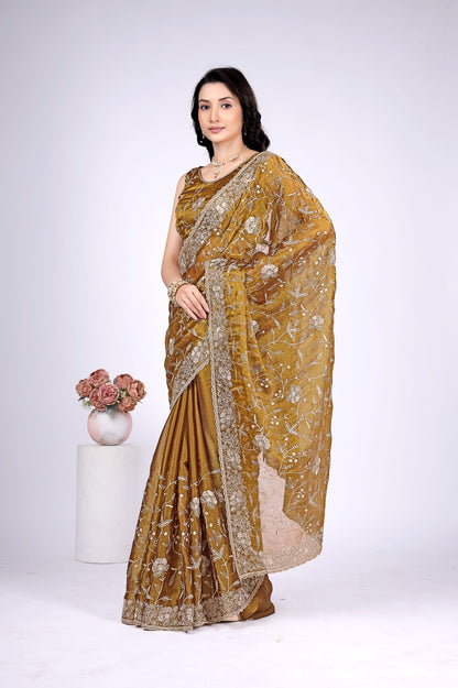 Women's Mustard Brown Floral Embroidered Designer Saree with Heavy Lace Border & Matching Blouse Piece