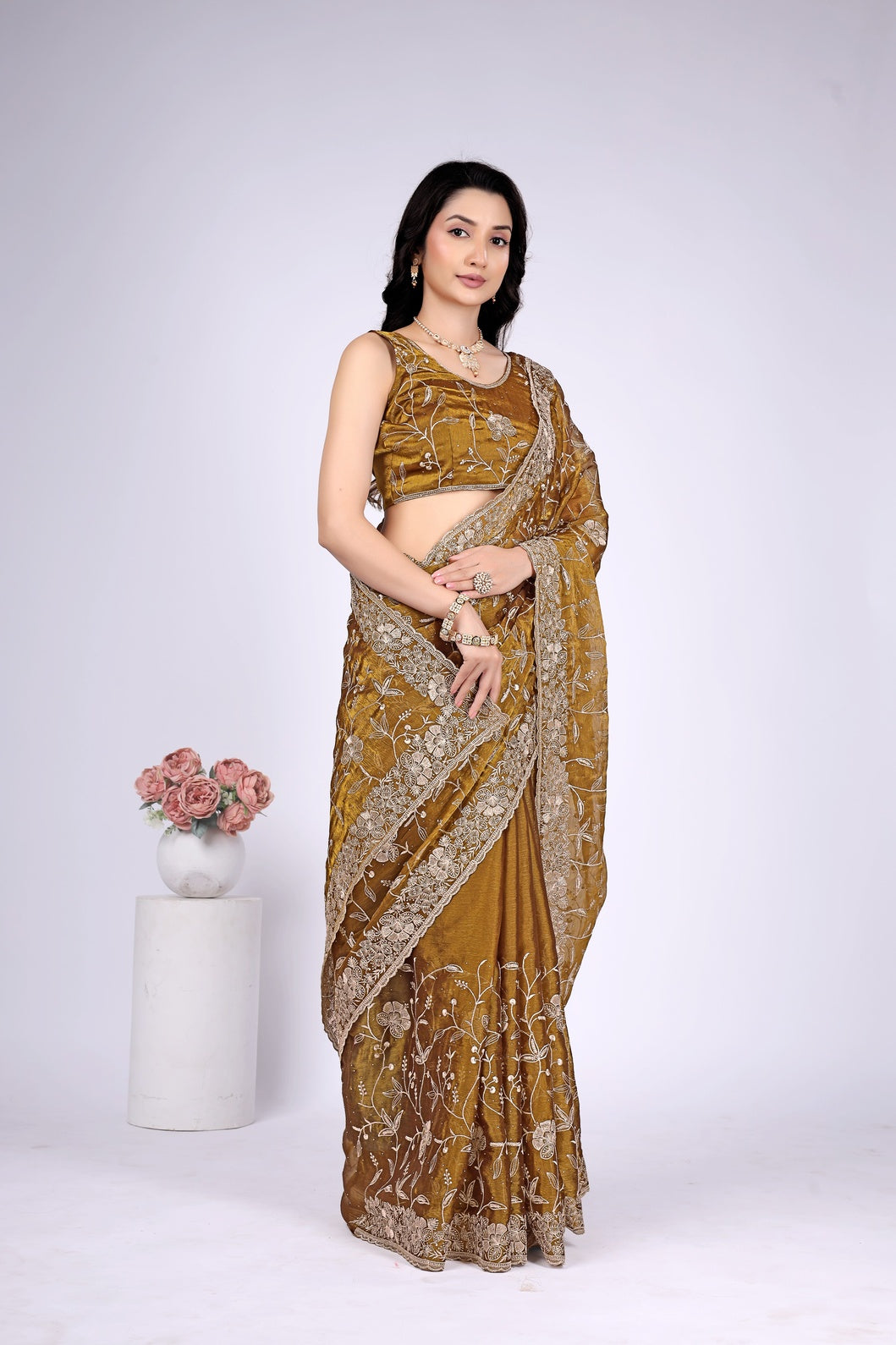 Women's Mustard Brown Floral Embroidered Designer Saree with Heavy Lace Border & Matching Blouse Piece