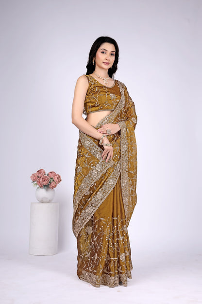 Women's Mustard Brown Floral Embroidered Designer Saree with Heavy Lace Border & Matching Blouse Piece