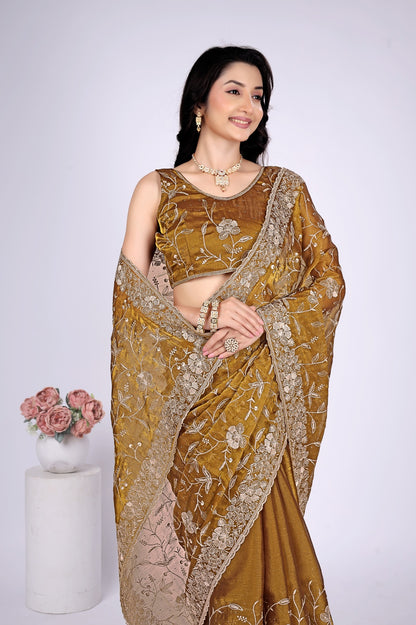 Women's Mustard Brown Floral Embroidered Designer Saree with Heavy Lace Border & Matching Blouse Piece