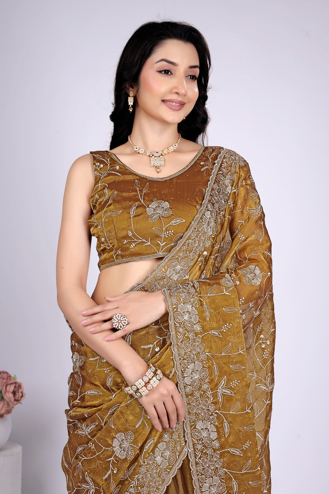 Women's Mustard Brown Floral Embroidered Designer Saree with Heavy Lace Border & Matching Blouse Piece