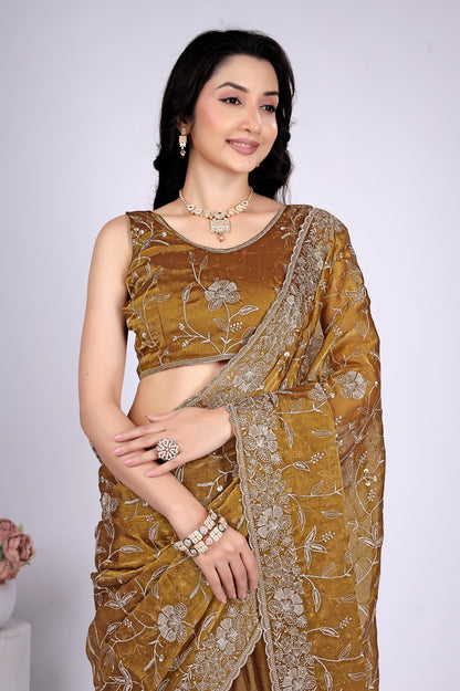Women's Mustard Brown Floral Embroidered Designer Saree with Heavy Lace Border & Matching Blouse Piece