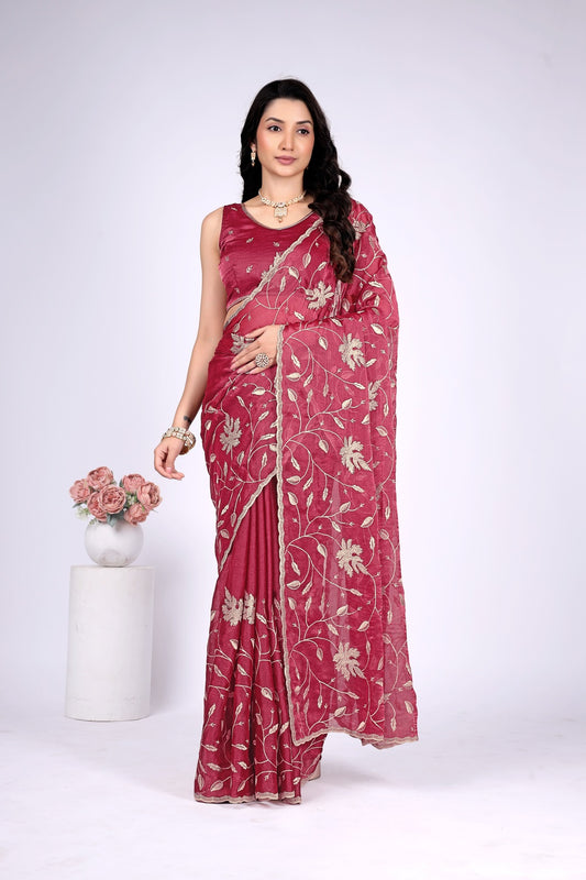 Women's Wine Floral Embroidered Designer Saree with Running Blouse Piece | Party & Festive Wear