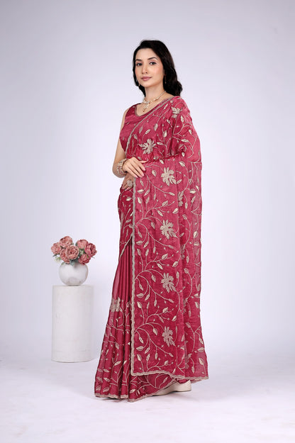 Women's Wine Floral Embroidered Designer Saree with Running Blouse Piece | Party & Festive Wear