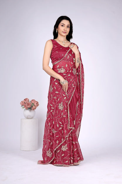 Women's Wine Floral Embroidered Designer Saree with Running Blouse Piece | Party & Festive Wear