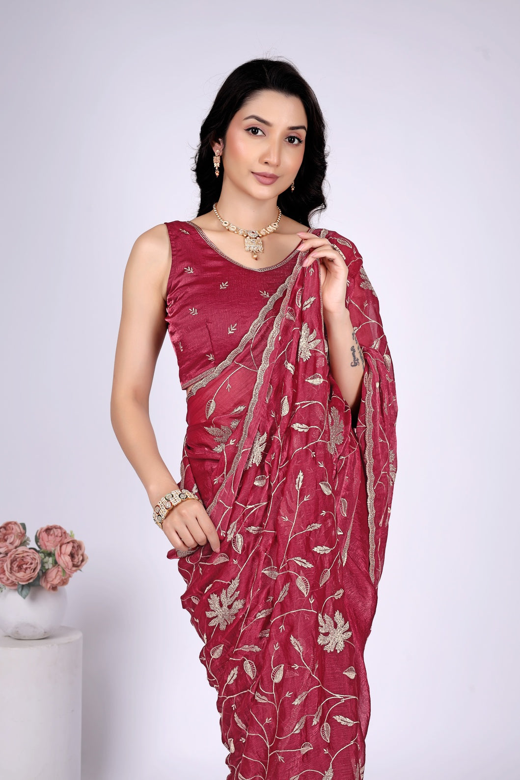 Women's Wine Floral Embroidered Designer Saree with Running Blouse Piece | Party & Festive Wear