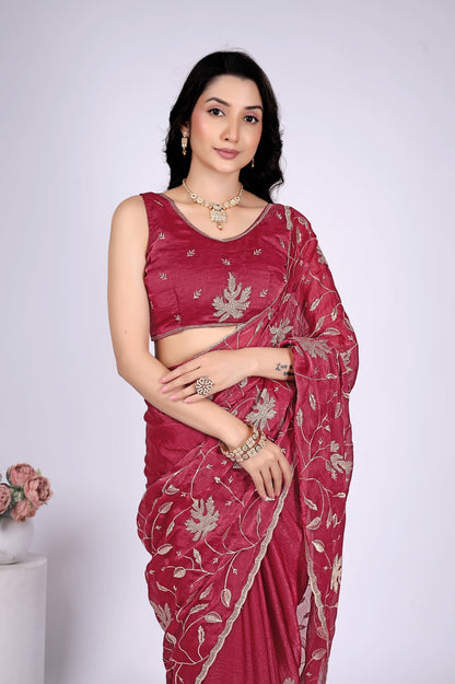 Women's Wine Floral Embroidered Designer Saree with Running Blouse Piece | Party & Festive Wear