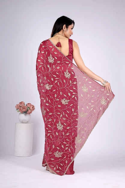 Women's Wine Floral Embroidered Designer Saree with Running Blouse Piece | Party & Festive Wear
