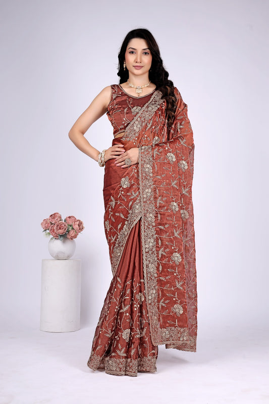 Elegant Rust Brown Floral Embroidered Designer Saree with Intricate Border Work