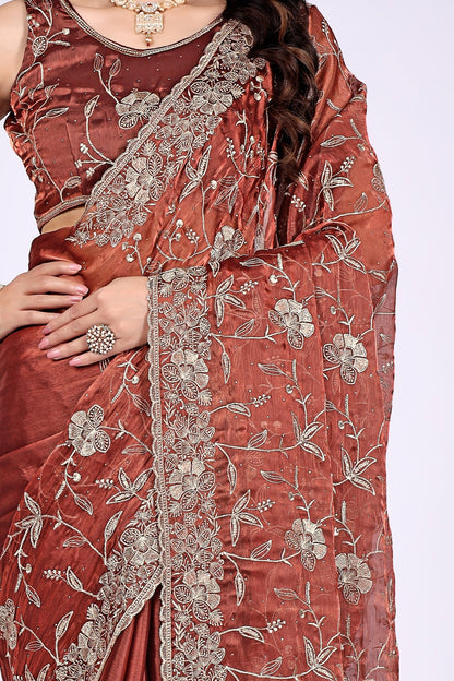 Elegant Rust Brown Floral Embroidered Designer Saree with Intricate Border Work