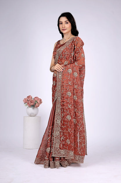 Elegant Rust Brown Floral Embroidered Designer Saree with Intricate Border Work