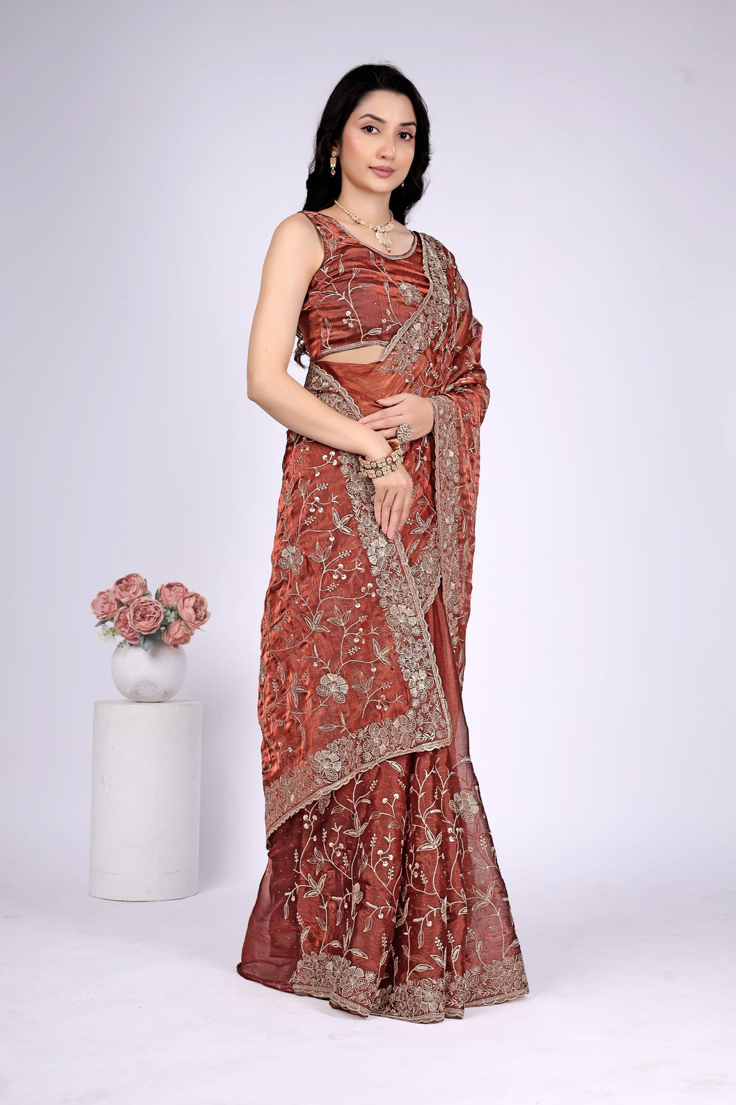 Elegant Rust Brown Floral Embroidered Designer Saree with Intricate Border Work