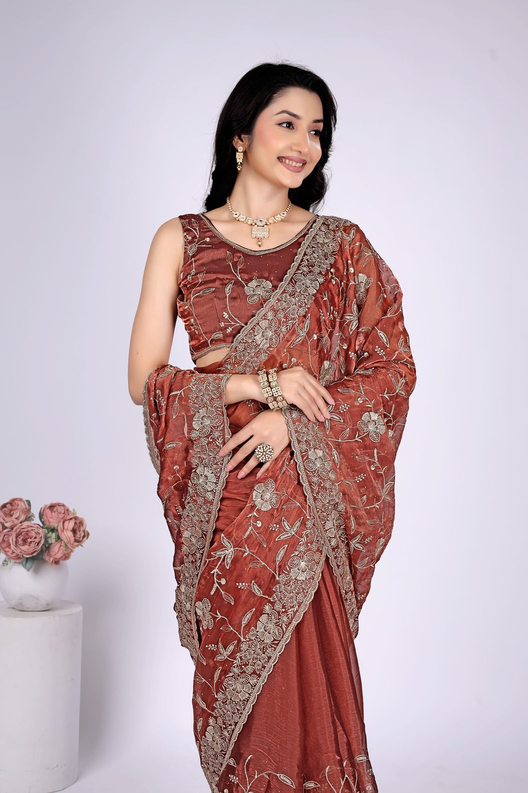 Elegant Rust Brown Floral Embroidered Designer Saree with Intricate Border Work