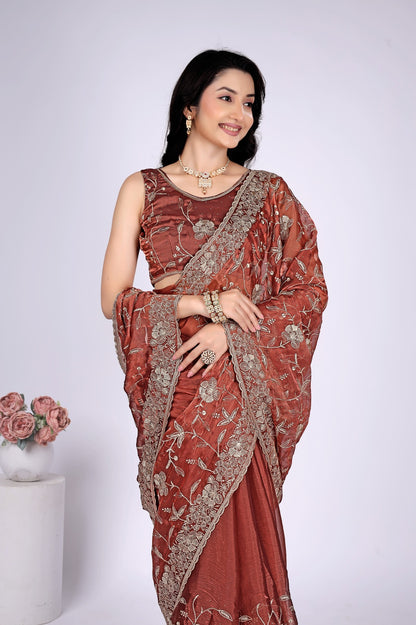 Elegant Rust Brown Floral Embroidered Designer Saree with Intricate Border Work