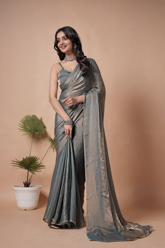 Silver Mist Shimmer Saree – Elegant Metallic Drape for Party & Festive Wear