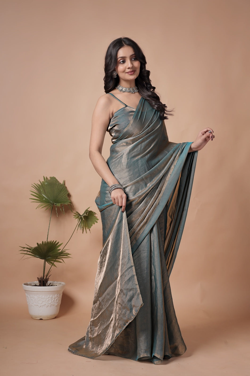 Silver Mist Shimmer Saree – Elegant Metallic Drape for Party & Festive Wear