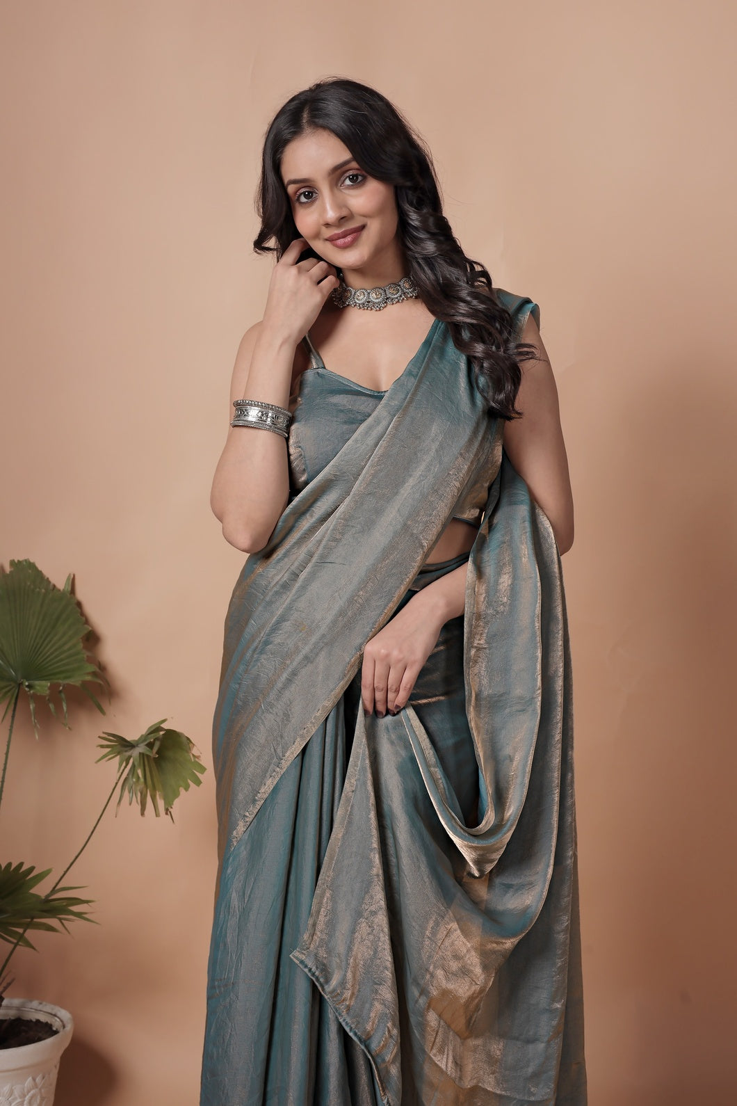 Silver Mist Shimmer Saree – Elegant Metallic Drape for Party & Festive Wear