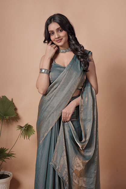 Silver Mist Shimmer Saree – Elegant Metallic Drape for Party & Festive Wear
