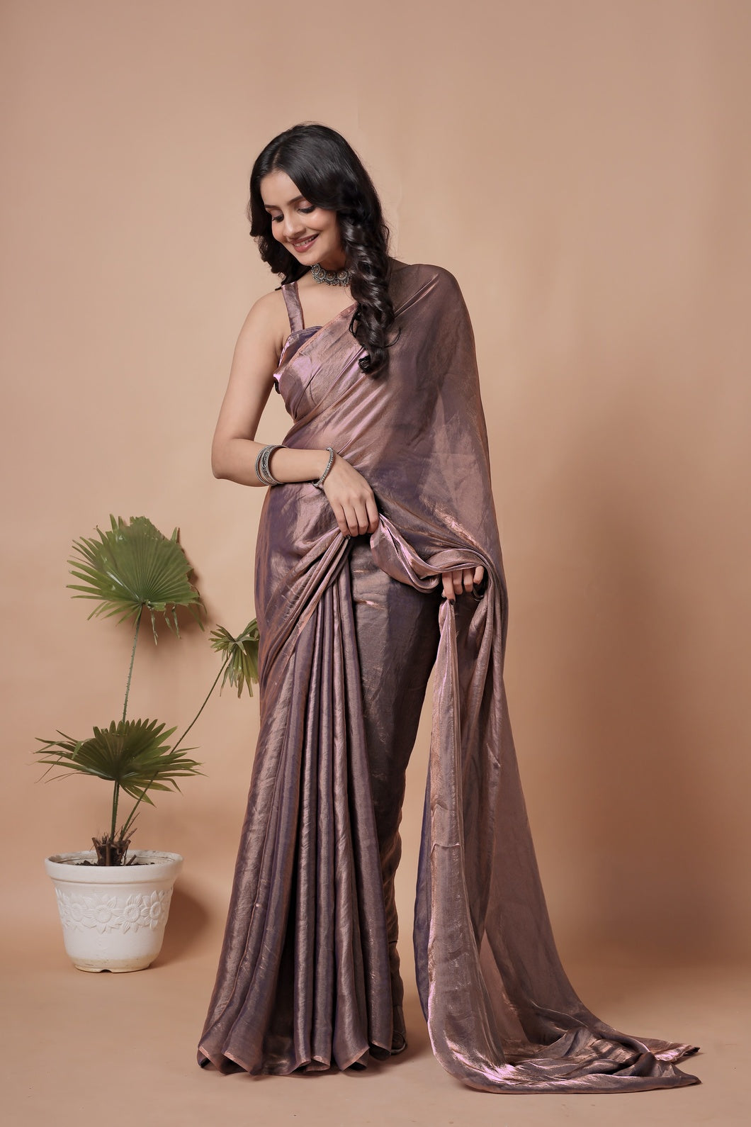 Elegant Mauve Shimmer Linen Blend Saree with Matching Blouse Piece