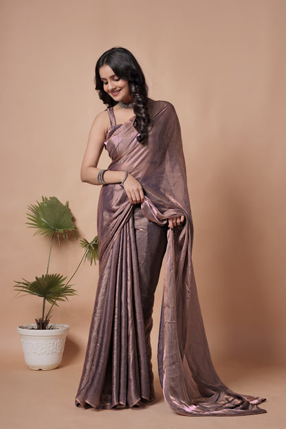 Elegant Mauve Shimmer Linen Blend Saree with Matching Blouse Piece