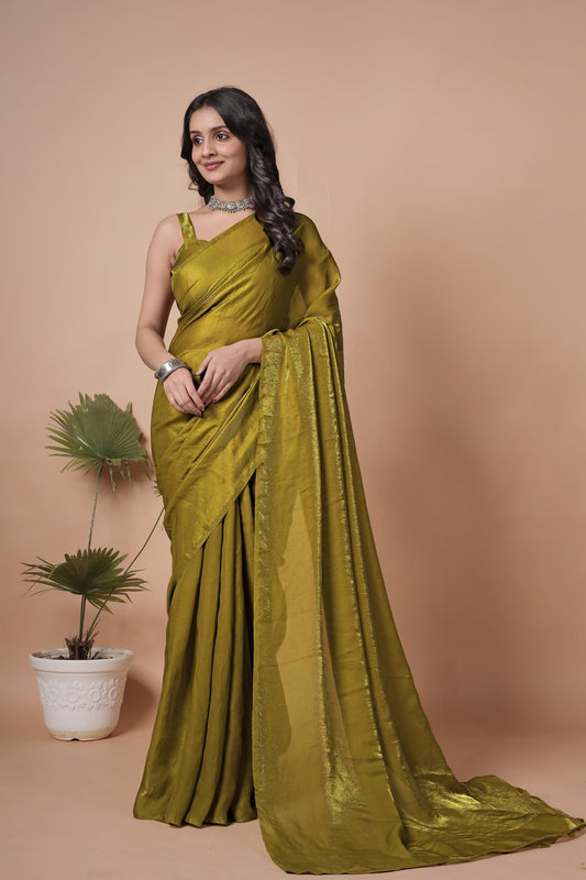 Olive Gold Shimmer Saree with Elegant Drape & Minimal Border