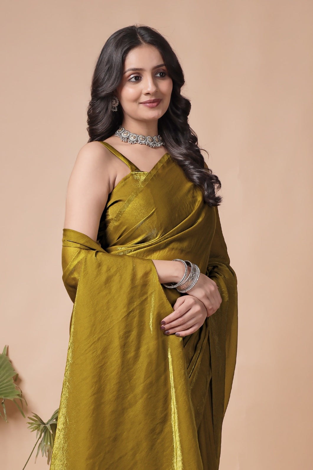 Olive Gold Shimmer Saree with Elegant Drape & Minimal Border