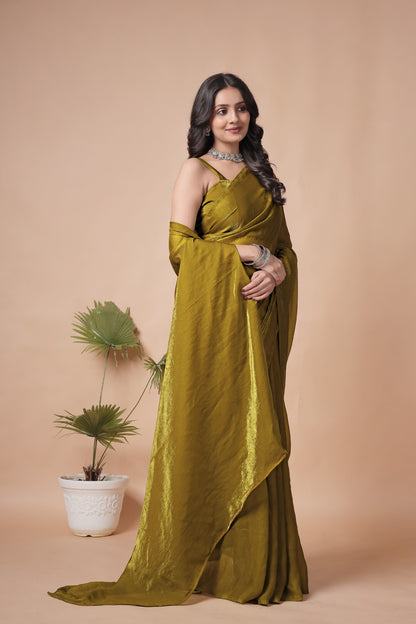 Olive Gold Shimmer Saree with Elegant Drape & Minimal Border