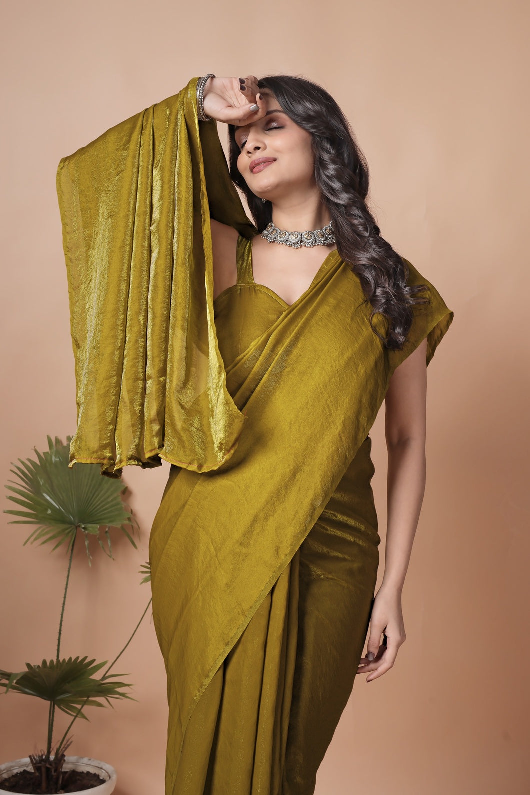 Olive Gold Shimmer Saree with Elegant Drape & Minimal Border