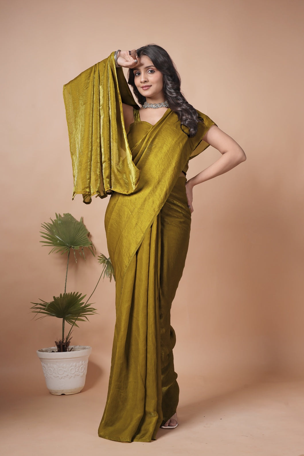 Olive Gold Shimmer Saree with Elegant Drape & Minimal Border