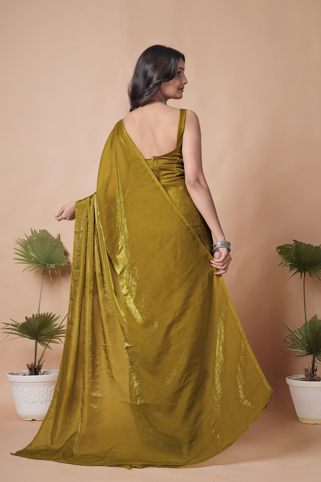 Olive Gold Shimmer Saree with Elegant Drape & Minimal Border