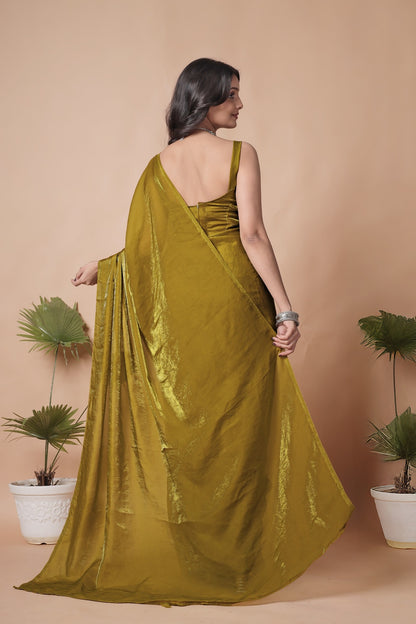 Olive Gold Shimmer Saree with Elegant Drape & Minimal Border