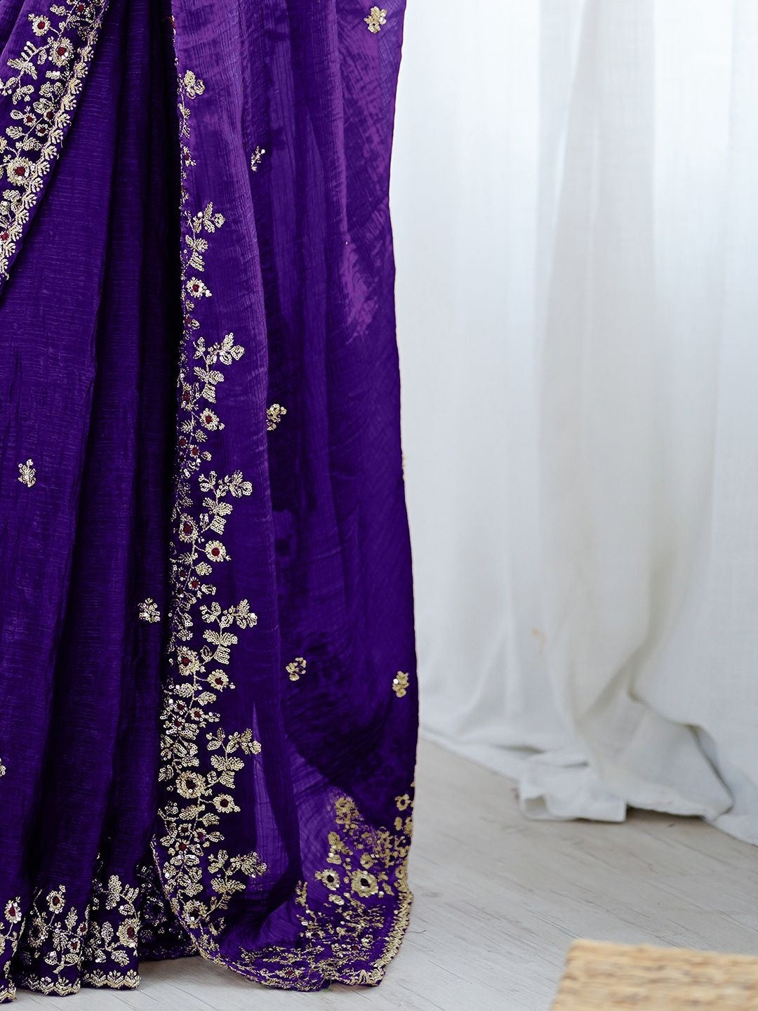Royal Purple Embroidered Silk Blend Saree with Designer Blouse