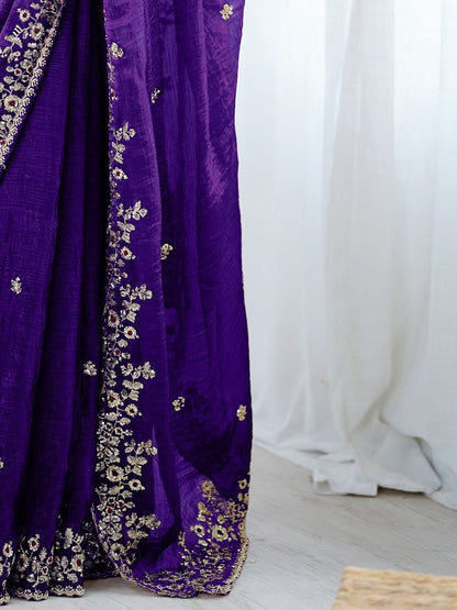 Royal Purple Embroidered Silk Blend Saree with Designer Blouse