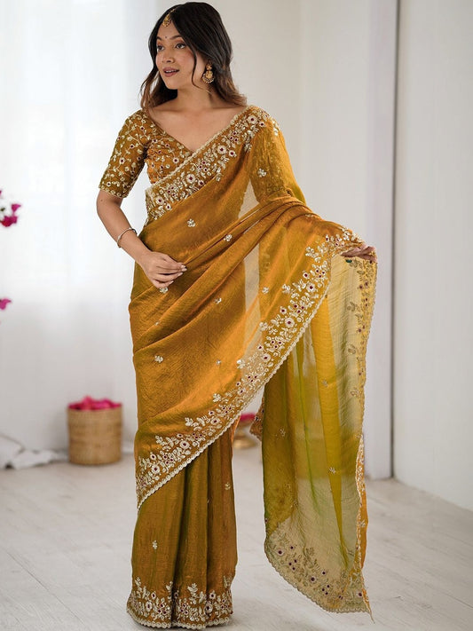 Mustard Yellow Embroidered Designer Saree with Floral Work Blouse