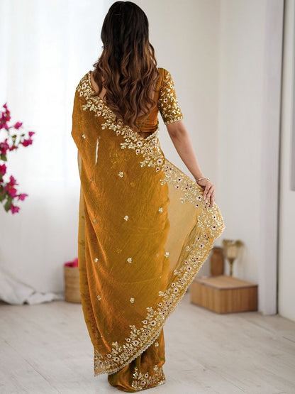 Mustard Yellow Embroidered Designer Saree with Floral Work Blouse