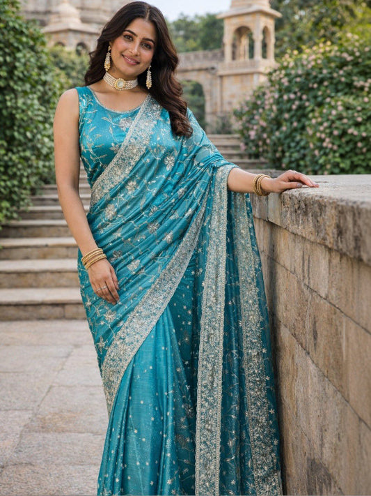Women Sea Green Embroidered Festive Partywear Sarees