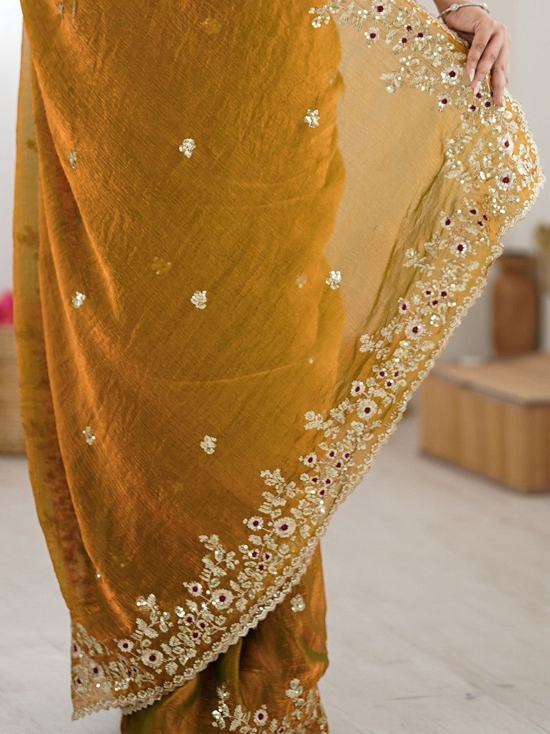 Mustard Yellow Embroidered Designer Saree with Floral Work Blouse
