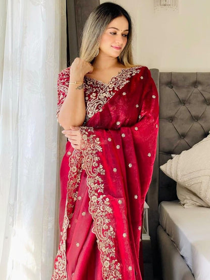 Ruby Red Embroidered Designer Saree with Heavy Sequence & Zari Border