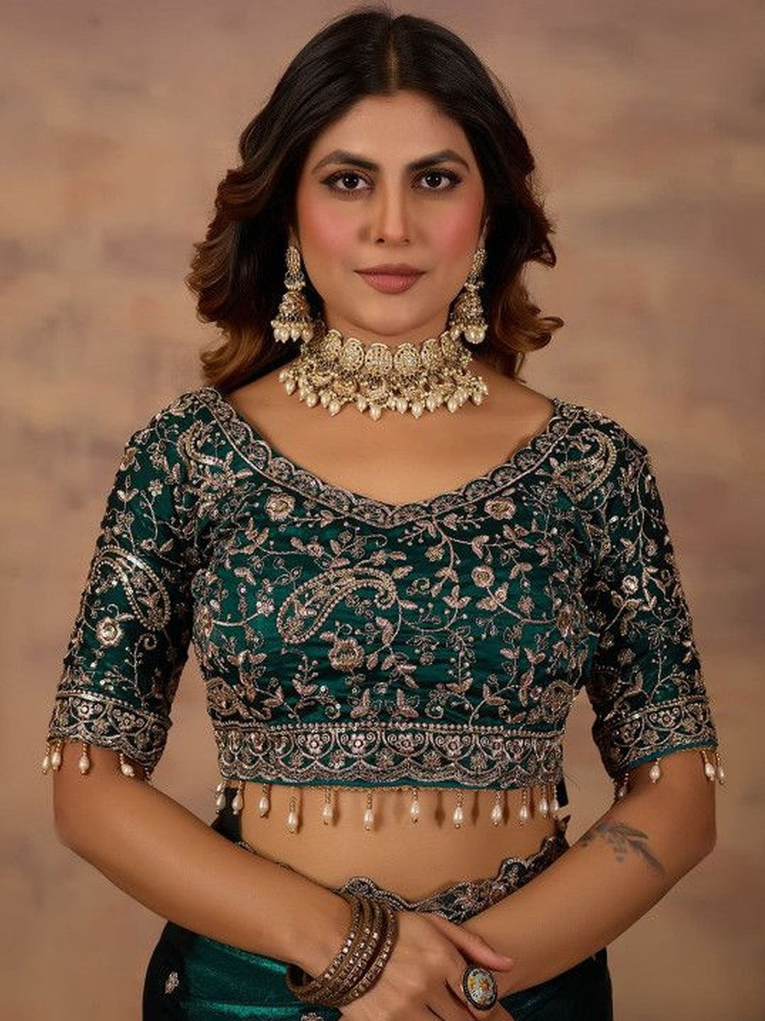 Emerald Green Embroidered Party Wear Saree with Designer Blouse
