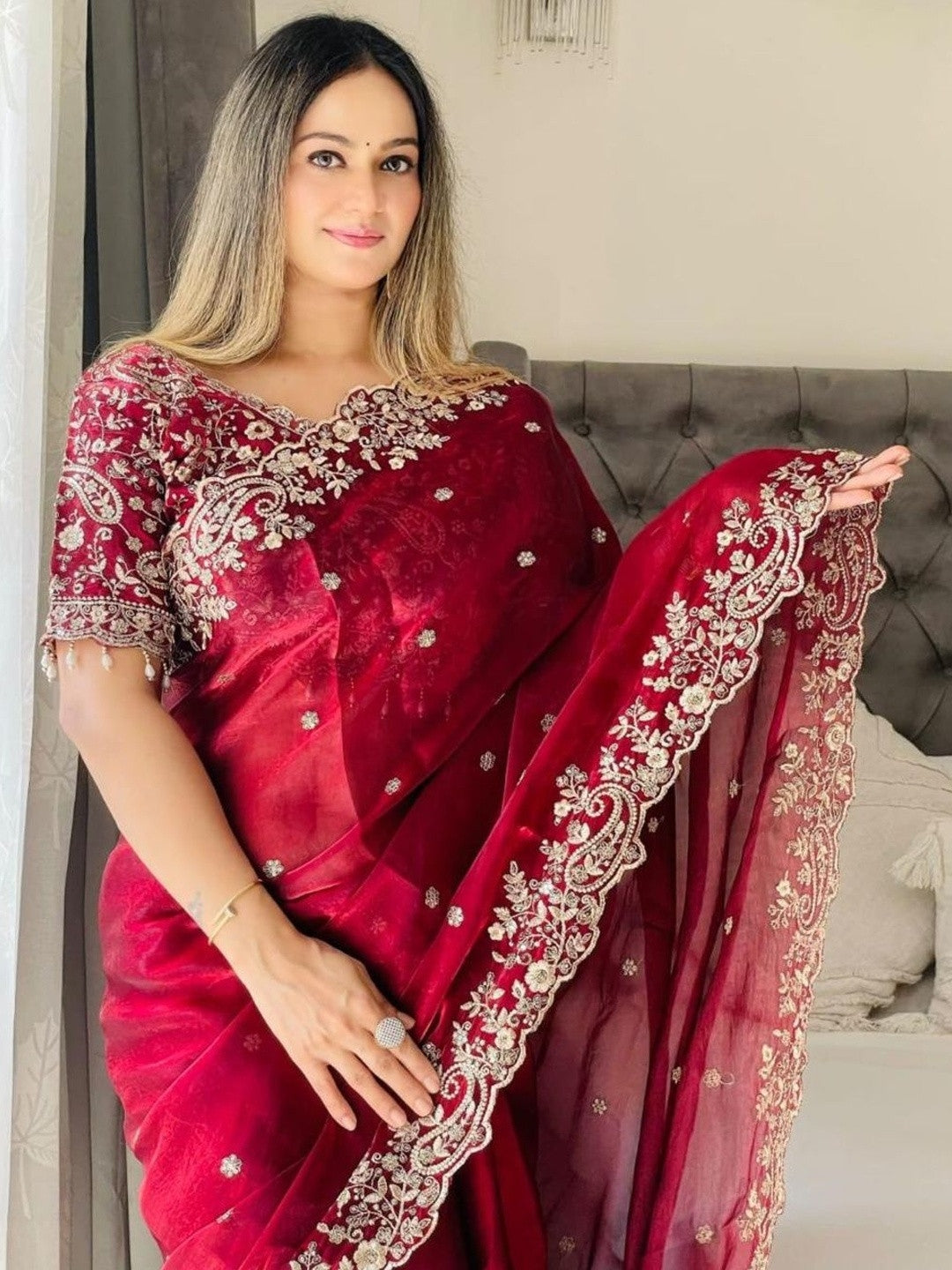 Ruby Red Embroidered Designer Saree with Heavy Sequence & Zari Border