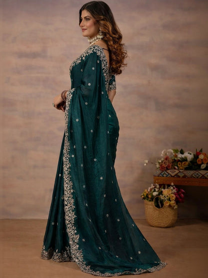 Emerald Green Embroidered Party Wear Saree with Designer Blouse