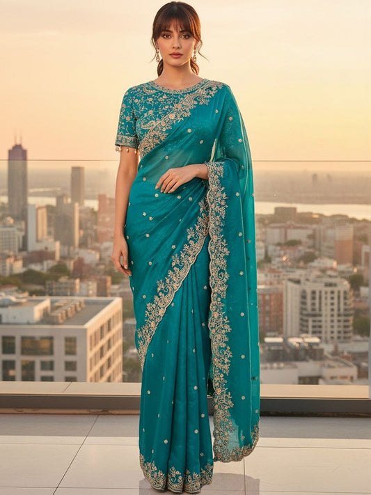 Teal Blue Embroidered Georgette Saree with Designer Border
