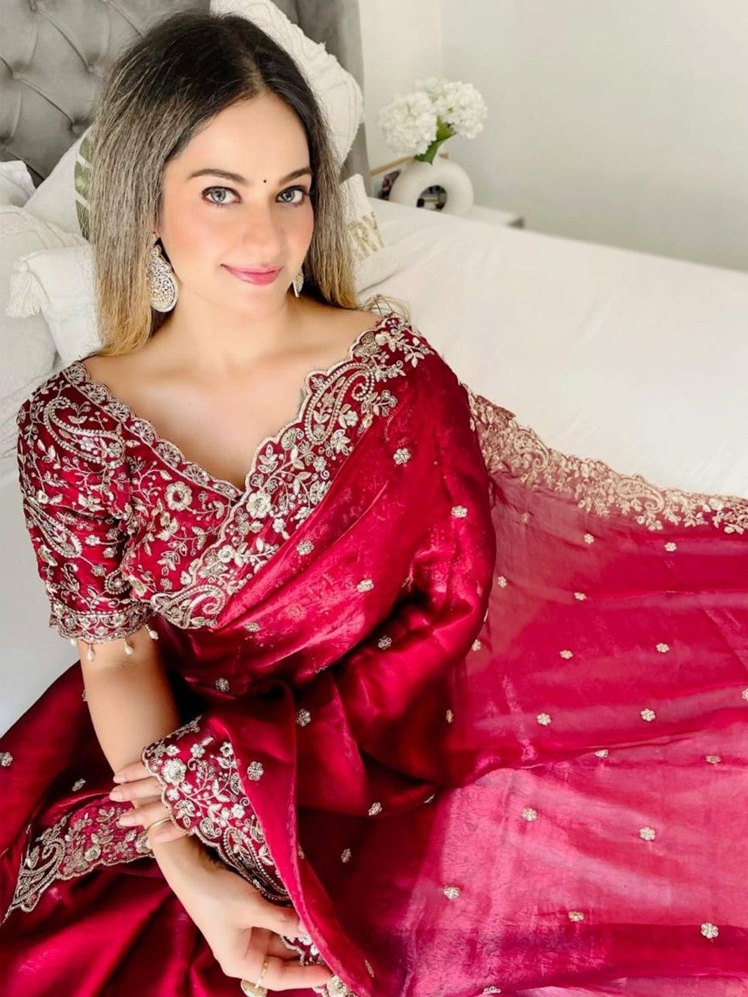 Ruby Red Embroidered Designer Saree with Heavy Sequence & Zari Border