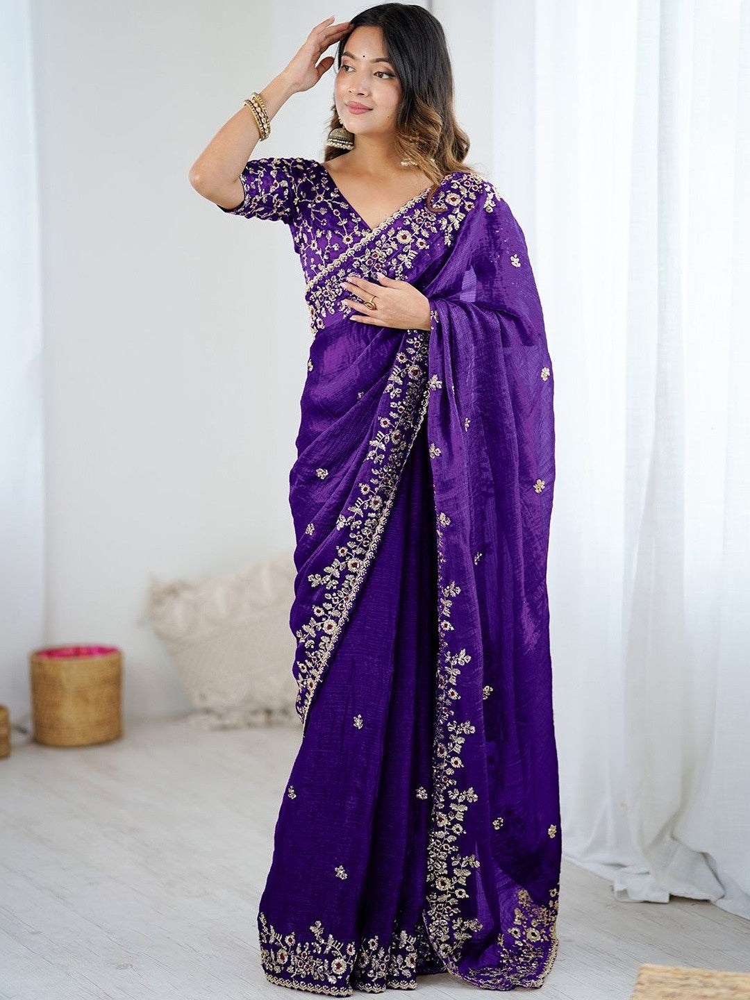 Royal Purple Embroidered Silk Blend Saree with Designer Blouse